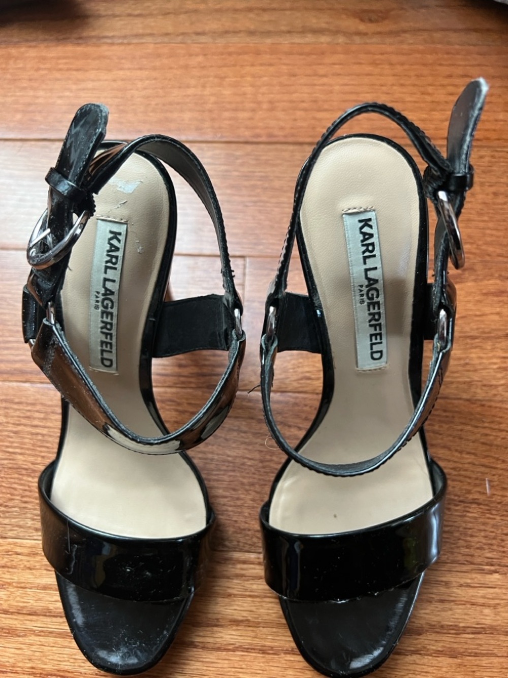 Karl Lagerfeld Black Patent Ankle-Strap Stiletto Sandals - Picture 6 of 15